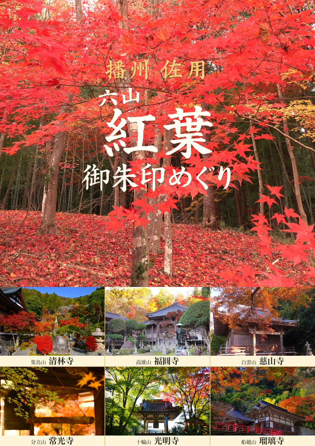 満願記念クリアファイル。紅葉を背景に、清林寺・福圓寺・慈山寺・常光寺・光明寺・瑠璃寺の六山を紹介するデザイン。